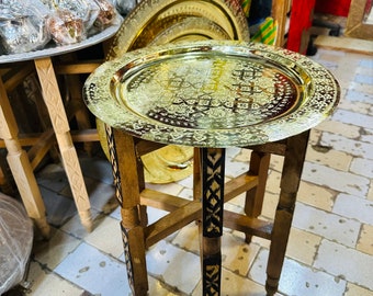 Table à thé marocaine ronde en laiton 20" faite à la main avec support en bois pliant Thuya Wood Handcrafted, Style vintage, déco, design,