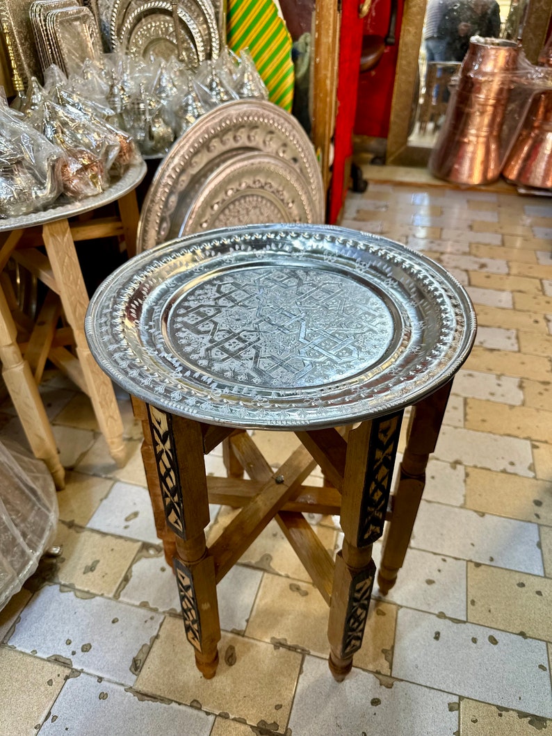 Moroccan aluminum table, silver table, artisanal table, easy to arrange side table, artisanal decor for all rooms. image 1