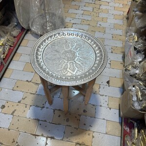 Moroccan aluminum table, silver table, artisanal table, easy to arrange side table, artisanal decor for all rooms. image 9