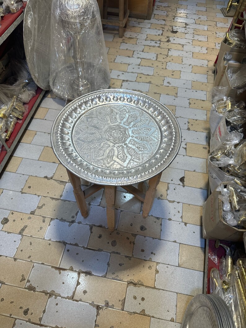 Moroccan aluminum table, silver table, artisanal table, easy to arrange side table, artisanal decor for all rooms. image 9