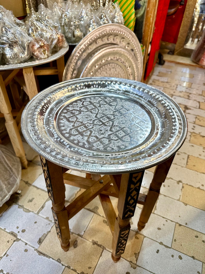 Moroccan aluminum table, silver table, artisanal table, easy to arrange side table, artisanal decor for all rooms. image 2