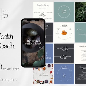 Gezondheidscoach, Instagram-sjabloon, gezondheid en welzijn, Canva, sociale media, voedingscoach, welzijnscoach, bewerkbare sjabloon