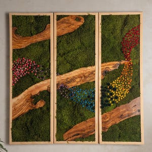 Moss&Olive Wood Wall, Natural Wall Artwork, Dried Plant Design in Moss and Olive Trunks. Natural Pine Tree Frame. A One-of-a-kind Work.