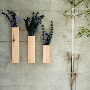 May include: A bathroom scene featuring three wooden wall planters with greenery and purple flowers. A vintage-style shower fixture stands against a gray tiled wall. A white bathtub and a black and white patterned rug are also visible.