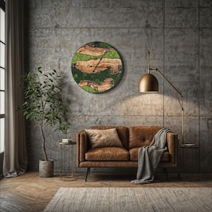 Reloj de pared de madera de olivo, reloj de pared de musgo, arte de pared de musgo, arte de musgo con madera, regalo para casa nueva, musgo estabilizado preservado, arte de pared verde,