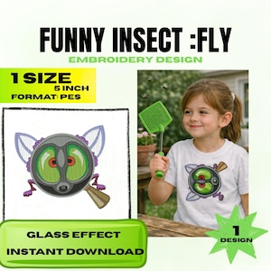 Puede incluir: Un diseño de bordado con un insecto de dibujos animados con grandes ojos verdes, un cuerpo gris y un mango de madera. El diseño mide 12,7 cm y está etiquetado como "Funny Insect : Fly". La imagen también muestra a una niña con una camiseta con el mismo diseño.