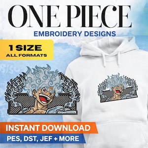 Puede incluir: Sudadera con capucha blanca con un diseño bordado colorido de un personaje de la serie de anime "One Piece". El diseño presenta un personaje con cabello azul puntiagudo y una amplia sonrisa. El texto en la imagen dice "ONE PIECE EMBROIDERY DESIGNS" y "INSTANT DOWNLOAD."