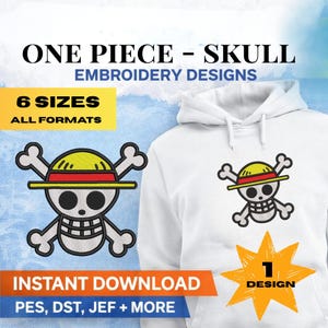 Puede incluir: Sudadera con capucha blanca con un diseño de bordado de calavera de One Piece. El diseño presenta una calavera con un sombrero amarillo y huesos cruzados. La imagen incluye el texto "ONE PIECE - SKULL EMBROIDERY DESIGNS" y "6 SIZES ALL FORMATS".