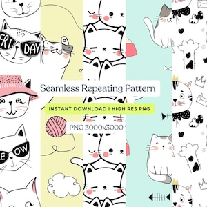 Puede incluir: Patrón repetitivo sin costuras con gatos de dibujos animados en varias poses y expresiones. Algunos gatos llevan gafas de sol o sombreros. El diseño incluye una bola de lana, nubes y el texto "Seamless Repeating Pattern". Es un archivo PNG de alta resolución.