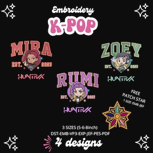 Kpop Dolls Embroidery Bundle – Rumi, Mia & Zoey | 3 Designs + FREE : Patch star