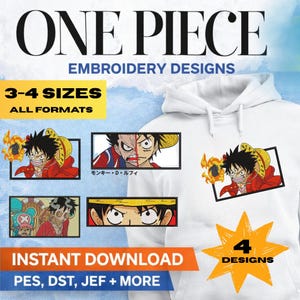 Pacchetto di disegni per ricamo di One Piece: 4 disegni anime unici, diverse dimensioni e formati, file scaricabili immediatamente.