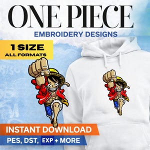 Puede incluir: Sudadera con capucha blanca con un personaje de dibujos animados de "One Piece". La imagen incluye el texto "ONE PIECE EMBROIDERY DESIGNS" y "DESCARGA INSTANTÁNEA". La imagen también incluye el texto "1 TALLA TODOS LOS FORMATOS" y "PES, DST, EXP + MORE."