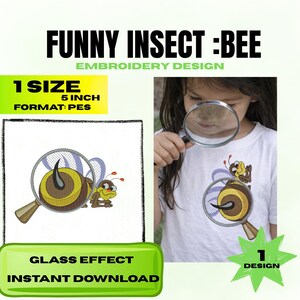 Puede incluir: Un diseño de bordado con una abeja de dibujos animados vista a través de una lupa. El diseño incluye el texto "FUNNY INSECT :BEE EMBROIDERY DESIGN" y "1 SIZE 12.7 CM FORMAT: PES". El diseño también incluye el texto "GLASS EFFECT INSTANT DOWNLOAD".