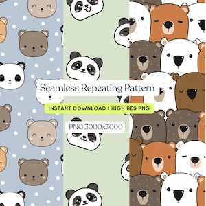 Puede incluir: Patrón repetitivo sin costuras con osos y pandas de dibujos animados. El diseño incluye el texto "Seamless Repeating Pattern", "Instant Download I High Res PNG" y "PNG 3000x3000". Los colores de fondo son azul claro y verde claro.