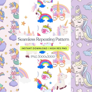 Puede incluir: Un patrón repetitivo sin costuras con unicornios, arcoíris y estrellas en un diseño caprichoso. La imagen incluye el texto "Seamless Repeating Pattern", "Instant Download | High Res PNG" y "PNG 3000x3000". La paleta de colores incluye pasteles.