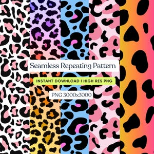 Puede incluir: Una descarga digital con patrones repetidos sin costuras con diseños de estampado de leopardo. Los patrones muestran varias combinaciones de colores, incluyendo rosa, negro, azul y naranja. La imagen incluye el texto "Seamless Repeating Pattern" y "Instant Download | High Res PNG".