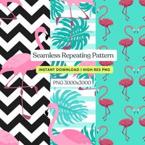 Puede incluir: Un diseño digital que presenta tres patrones repetitivos sin costuras. Un patrón tiene flamencos rosas sobre un fondo en zigzag blanco y negro. Otro tiene flamencos rosas y hojas turquesas. El tercero tiene flamencos rosas sobre un fondo turquesa. Incluye el texto "Seamless Repeating Pattern".