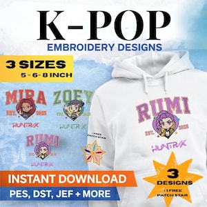 Ensemble de broderies Kpop Dolls – Rumi, Mia et Zoey | 3 motifs + Écusson étoile GRATUIT