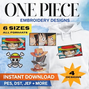 Puede incluir: Sudadera blanca con texto "ONE PIECE EMBROIDERY DESIGNS". La imagen presenta diseños de bordado, incluyendo retratos de personajes y un símbolo de calavera. El texto incluye "6 SIZES ALL FORMATS", "INSTANT DOWNLOAD" y "4 DESIGNS".