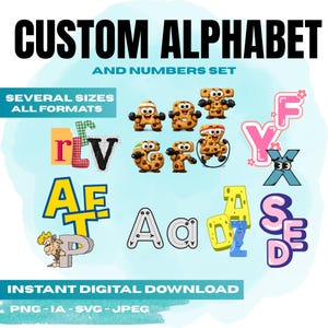 Puede incluir: Un gráfico digital de un conjunto personalizado de alfabeto y números. La imagen muestra varios diseños de letras, incluyendo letras con forma de galleta, letras de bloque de colores y letras de contorno. El texto de la imagen dice "CUSTOM ALPHABET AND NUMBERS SET" y "INSTANT DIGITAL DOWNLOAD."