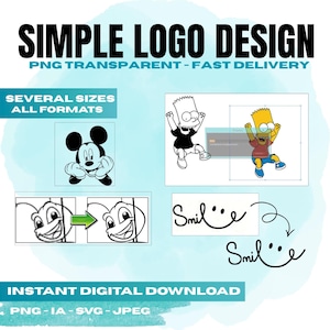 Puede incluir: Un diseño gráfico digital con el texto "SIMPLE LOGO DESIGN" y "PNG TRANSPARENT - FAST DELIVERY". La imagen incluye ilustraciones de dibujos animados de Mickey Mouse, Bart Simpson y un insecto sonriente. El texto incluye "SEVERAL SIZES ALL FORMATS" y "INSTANT DIGITAL DOWNLOAD".
