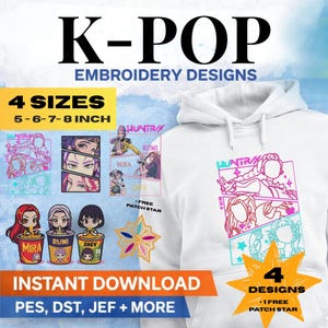 Kpop Embroidery Design Bundle - 4 designs+ FREE Patch star