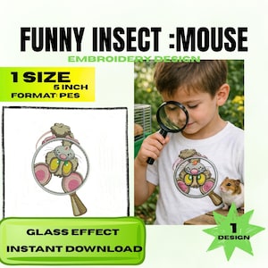Puede incluir: Un diseño de bordado de un ratón de dibujos animados dentro de una lupa sobre una camiseta blanca. El texto "FUNNY INSECT : MOUSE" y "EMBROIDERY DESIGN" están en la parte superior. El diseño mide 12,7 cm.