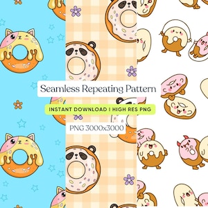 Puede incluir: Patrón repetitivo sin costuras con donuts de dibujos animados con caras de animales. Los donuts son de varios colores, incluyendo naranja, rosa y marrón, sobre fondos azules, melocotón a cuadros y blancos. El texto "Seamless Repeating Pattern" y "Instant Download I High Res PNG".