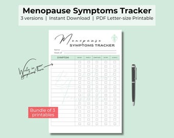 Menopause Symptoms Tracker (peri, pre, menopause & post). Track symptoms by date, week, or day.  Downloadable, printable PDF (letter size).
