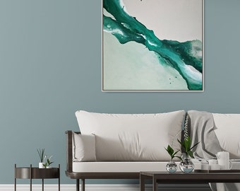 Oeuvre de commande : EMERALD LAGOON - Art abstrait, peinture, acrylique, art contemporain, peinture abstraite, unique, original, vert émeraude