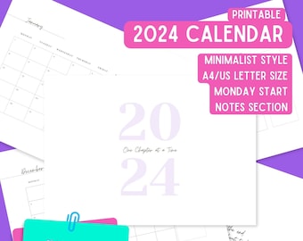 Calendario 2024 Pianificatore mensile 2024 Calendario mensile elegante e minimalista Lunedì Inizio 2024 Calendario da parete formato US Letter/A4 PDF STAMPABILE