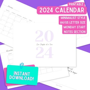 2024 Calendar 2024 Monthly Planner Elegant Minimalist Monthly Calendar Monday Start 2024 US Letter/A4 Size Wall Calendar PRINTABLE PDF