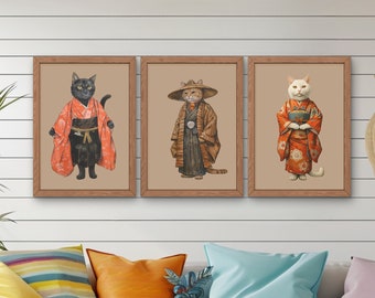 Japanische Hokusai-Katzen 3er-Set, Vintage-Katzen-Holzschnitt-Poster, Kimono-Katzen-Druck, druckbare japanische Katzen-Wandkunst, digitaler Download, 3 Poster
