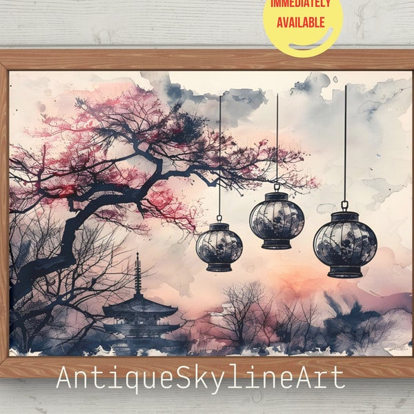 Japanese Art Print | Vintage PRINTABLE Wall Art | japan | Ink Painting Print | Printable Artwork Downloadable Print | Lanterns Geicha Maikos