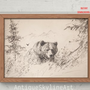Vintage Grizzlybär Skizze Kunst DRUCKBAR, Bleistift Zeichnung, Bleistift Cowboy, Berg Bär Landschaft, Herunterladbare Wohnzimmer Bild, Bär