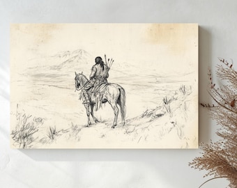 Vintage Pferd Skizze Kunst DRUCKBAR, Bleistiftzeichnung, Bleistiftindianer, Cowboy Dekor, Büffelprärie Landschaft, herunterladbare Wohnzimmer Bild