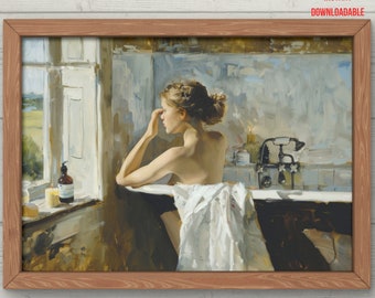 Vintage Woman in Bath Oil Painting, Impressionist Art Print (Downloadable)