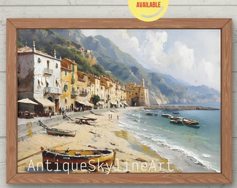 Vintage Seascape Oil Painting: Beach Town Coastal Art (Digital Download)