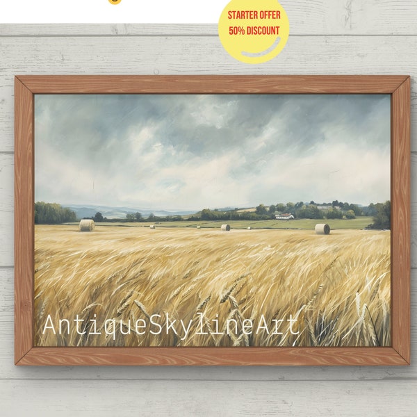 Printable oil painting of a wheat field, for bedroom, wheat field print, vintage wall painting, digital art to download painting on canvas