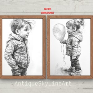 Conjunto de 2 retratos a lápiz negro, arte de pared para niños, decoración boho, niños lindos, arte de pared IMPRIMIBLE, cartel boho, niña, niño pequeño