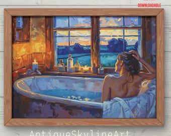 Druckbare Vintage Frau in der Badewanne Ölgemälde, Nachtbad, Badezimmerdekoration, Mädchen im Wasser, träumen in der Badewanne, herunterladbare Kunst