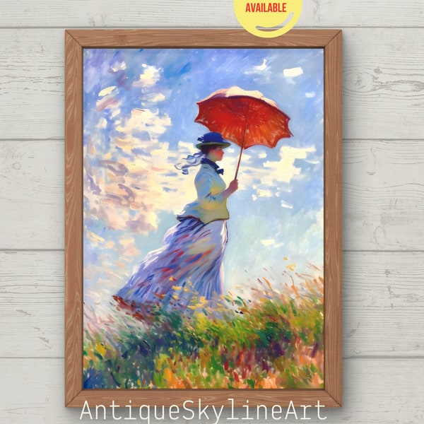 Oil painting of lady with parasol, download painting woman ombrella, PRINTABLE wall art, Antique portrait of woman, Impressionist lady love