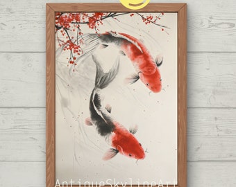 Druckbare Koi Fisch Tinte Malerei, druckbare japanische Wandkunst, japanische Fische, Download, Koi Fisch Malerei, traditionelle chinesische Malerei