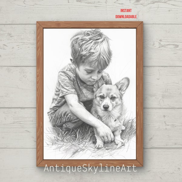 Printable black pencil portrait sketch, Printable artwork PRINTABLE wall art download, Downloadable Print, Boy playing with a dog, Corgi dog