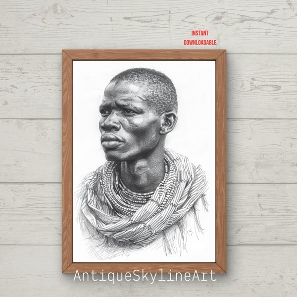 Printable black pencil portrait sketch, Printable artwork PRINTABLE wall art download, Downloadable Print, Masai Mara, a Masai warrior