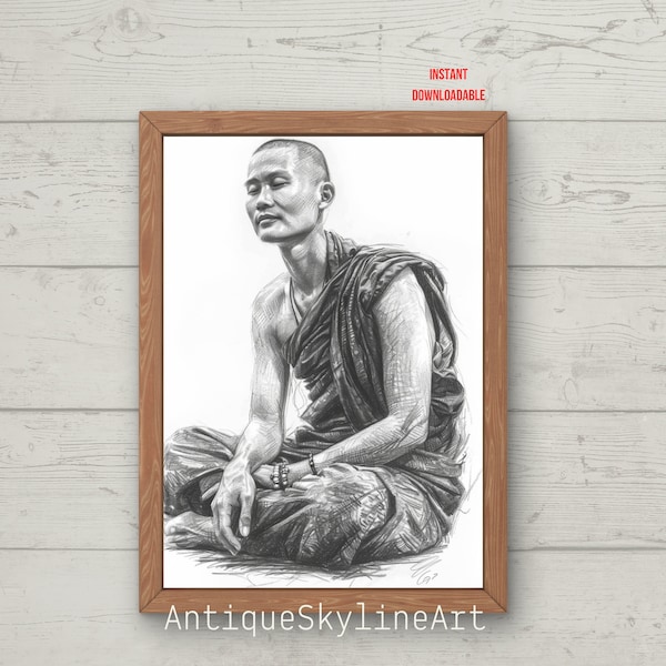 Printable black pencil portrait sketch, Printable artwork PRINTABLE wall art download, Downloadable Print, Buddhist monk meditating serenity