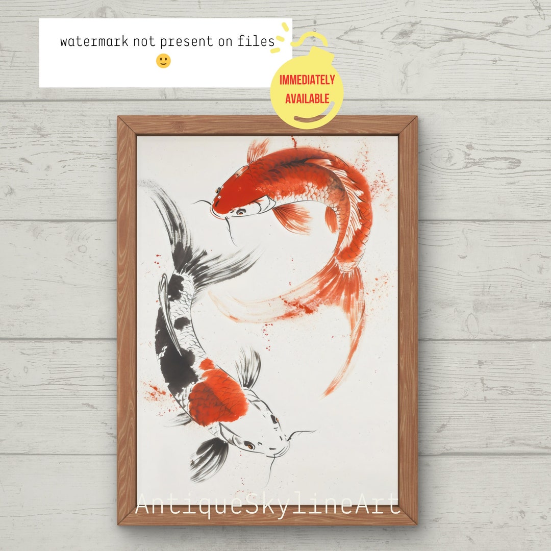 Printable Koi Fish Ink Wash Painting, Printable Japanese Wall Art
