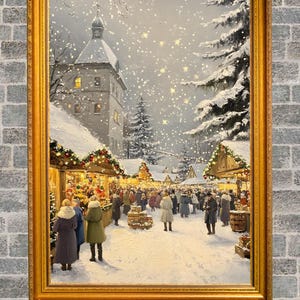 Cuadro vintage de un pueblo navideño, arte mural de invierno (descarga digital)