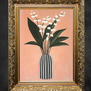 Impresión digital de lirio de los valles, impresión botánica abstracta, arte de pared con jarrón a rayas, descarga digital floral minimalista, diseño de interiores bohemio.