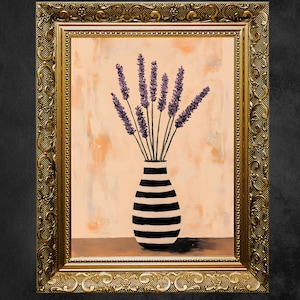 Cuadro de jarrón de lavanda vintage, decoración abstracta de primavera, impresión botánica, arte mural, descarga digital floral minimalista, diseño de interiores bohemio.